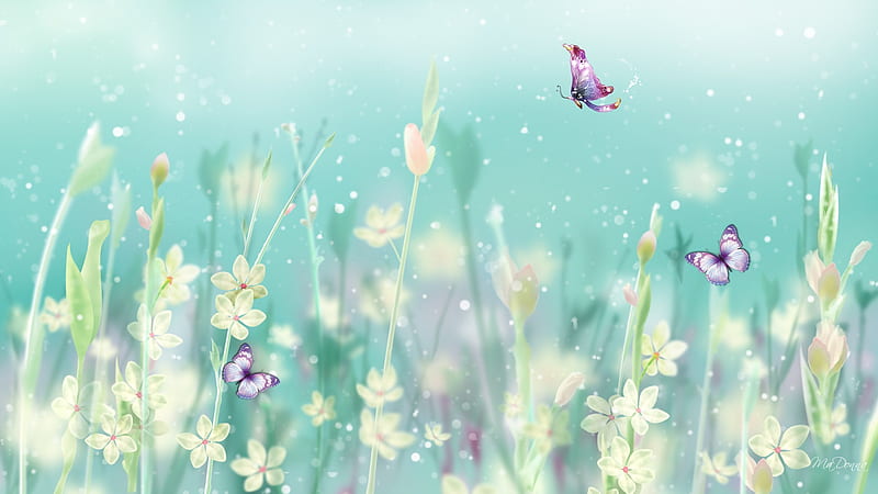 Floral Embrace, firefox persona, soft, butterflies, spring, lavender, cyan, summer, aqua, flowers, HD wallpaper