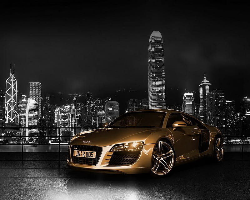 Audi R8 , carros, city, dark, fast, golden, night, vehicles, HD wallpaper