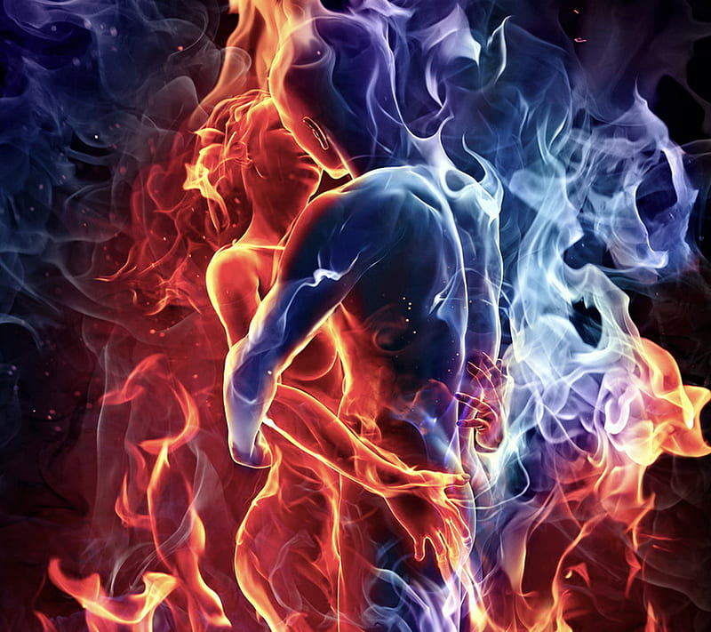 burning love, blue, fire, man, nice, red, woman, HD wallpaper