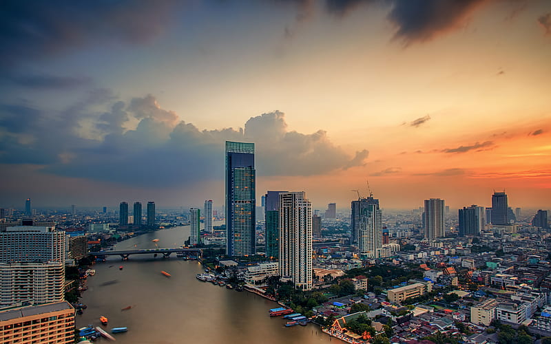 Bangkok sunset, panorama, cityscapes, Thailand, Asia, HD wallpaper