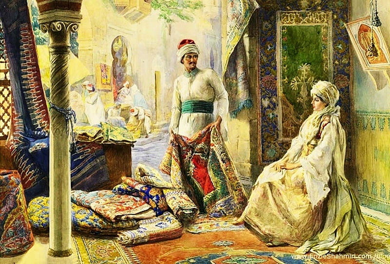 Oriental Paintings-carpet seller, paint, oriental, man, carpet, woman, HD wallpaper