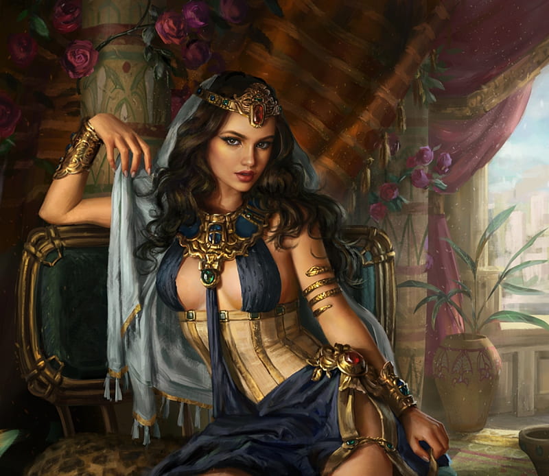 Cleopatra, frumusete, fantasy, luminos, anotherwanderer, girl, jewel, egypt, HD wallpaper