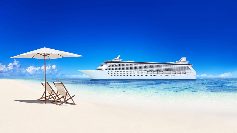 Largo crucero blanco bajo el mar azul y una sombrilla y dos sillas en la  arena crucero, Fondo de pantalla HD | Peakpx