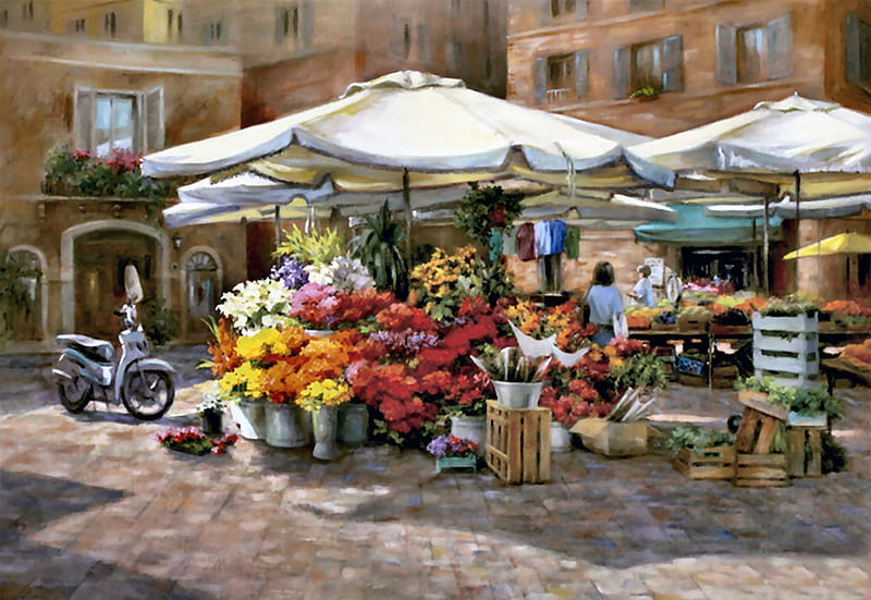 Market Research - Flowers, art, cityscape, bonito, illustration, artwork, stores, painting, shops, wide screen, scenery, HD wallpaper
