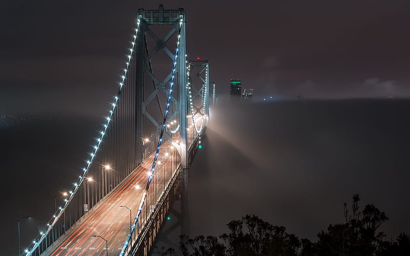 Bay Bridge, San Francisco, Night, Fog, Suspension Bridge, Auckland, California, USA, HD wallpaper