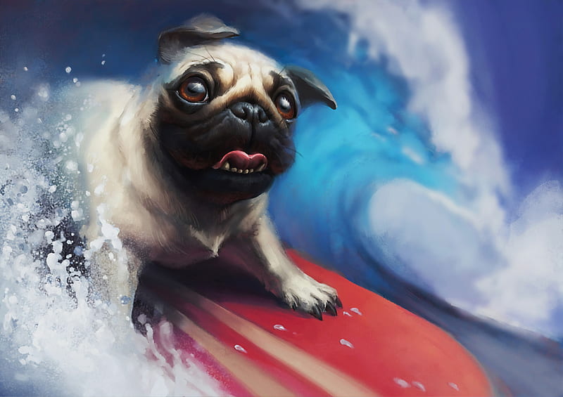 Pug Surfing, pug, artist, artwork, digital-art, HD wallpaper