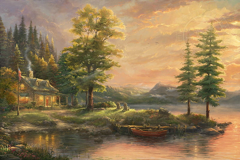 Morning light lake, art, morning light, house, painting, pictura, thomas kinkade, lake, HD wallpaper