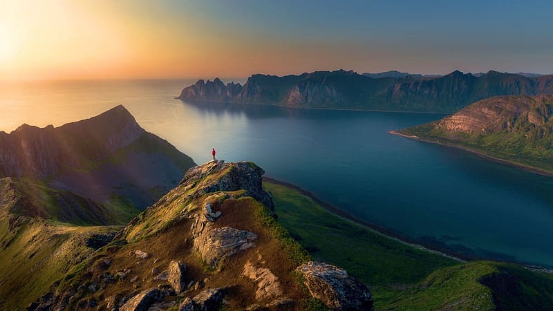 Norwegian Fjord Near Tromsoe, sea, colors, bay, sky, atlantic, rocks, sunset, stones, landscape, HD wallpaper