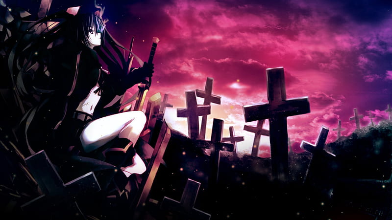 Black Rock Shooter Pink, cant think of a fourth, grave yard, pink, black rock shooter, HD wallpaper