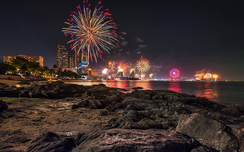 Pattaya, nightscapes, fireworks, Thailand, Asia, HD wallpaper