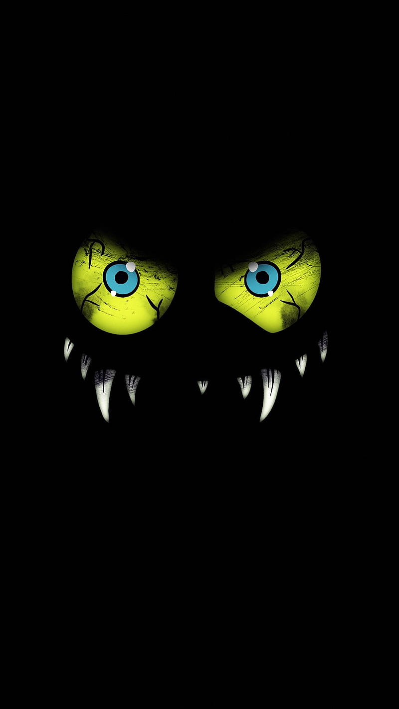 Scary, black, blue eyes, dark, drawings, green, teeth, HD phone wallpaper