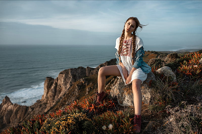Ksenia Kokoreva Overlooking the Sea, rocks, brunette, dress, model, sea, HD wallpaper