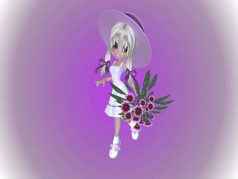 Little spring flower girl offering you a bouquet, desenho, greeting, lavender, white, HD wallpaper