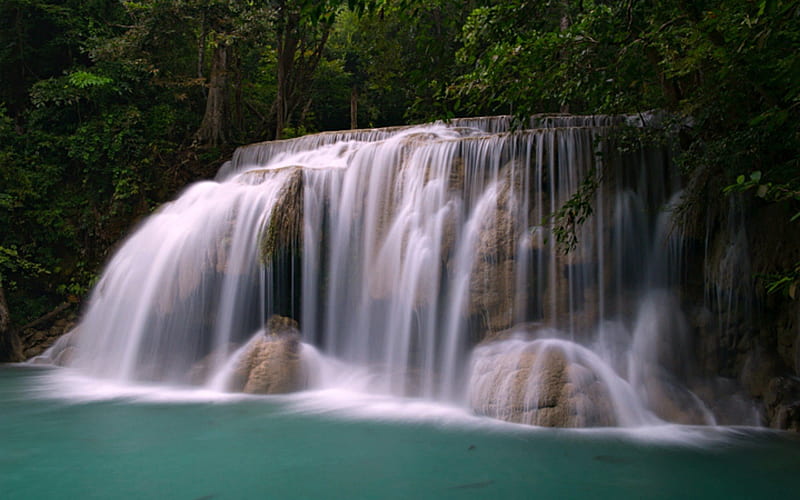 Erawan Waterfall, Thailand, Forest, Waterfall, Rocks, Nature, HD wallpaper