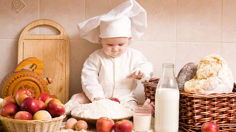 So Cute, baskets, Milk, apples, bread, adorable, baby, HD wallpaper
