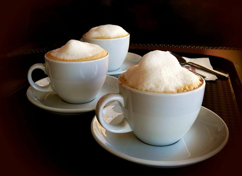 Cappuccino, delicious, coffee, foam, three, cups, HD wallpaper