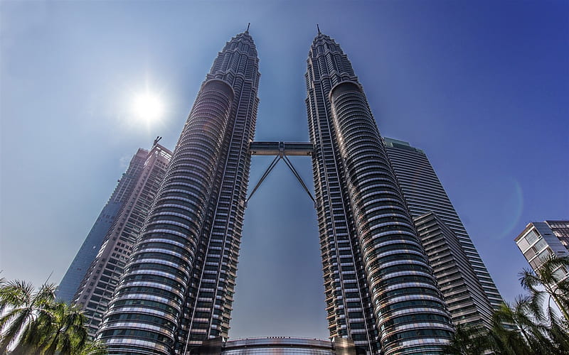 Kuala Lumpur, Petronas Towers, Malaysia, bottom view, skyscrapers, modern architecture, HD wallpaper