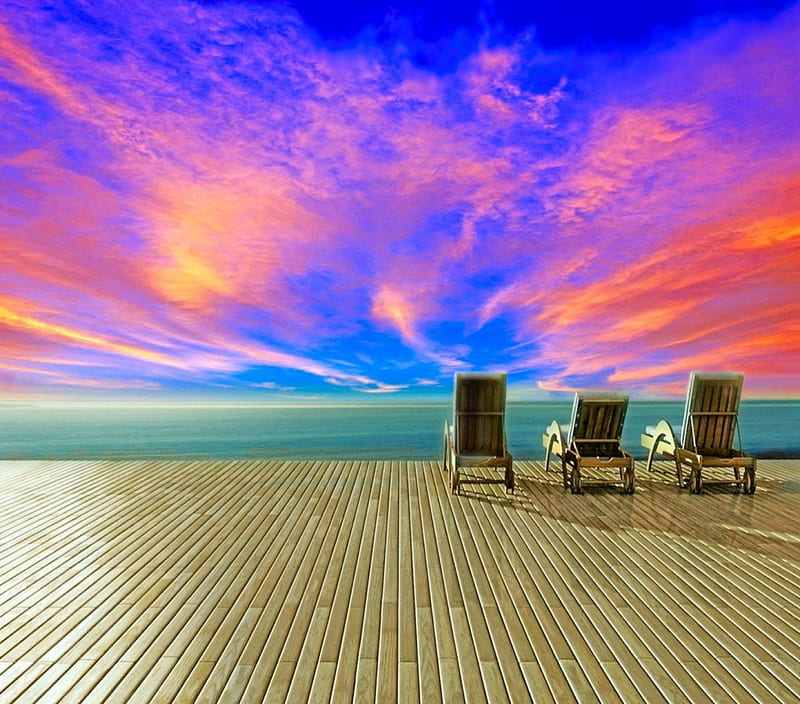 Just Relax-Beautiful View, sun, bonito, clouds, sea, beach, splendor, chairs, beauty, amazing, romantic, view, romance, holiday, ocean, relax, colors, sky, beaches, colorful sky, peaceful, summer, nature, HD wallpaper
