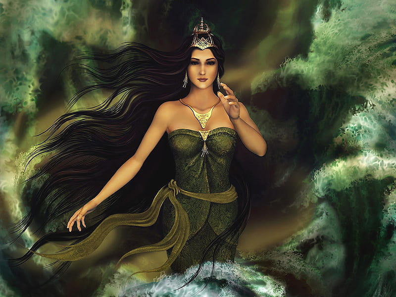 Goddess of the tidal, goddes, wind, colors, black, bonito, hair, tidal, fantasy, water, girl, lady, HD wallpaper