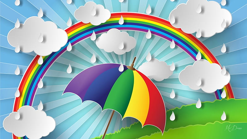 April Showers, showers, 3D, umbrella, rainbow, cut out, rain, clouds,  abstract, HD wallpaper | Peakpx
