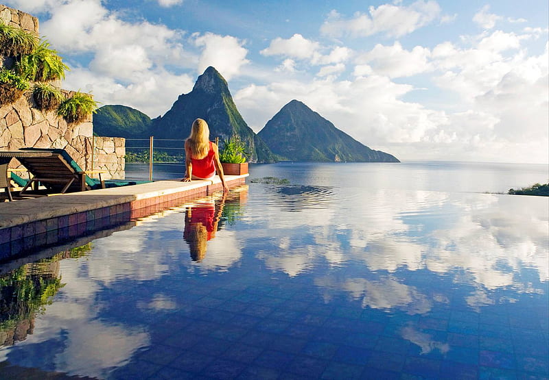 A Place To Relax, ocean, villa, pool, woman, st lucia, HD wallpaper