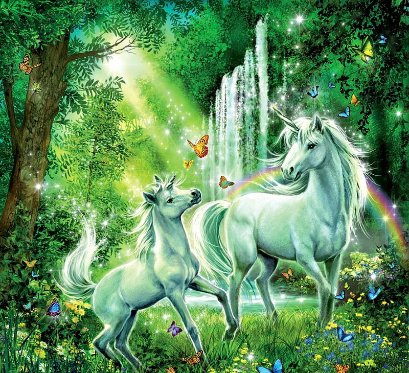 Unicorns, luminos, unicorn, horse, mother, baby, cute, fantasy, butterfly, green, white, HD wallpaper