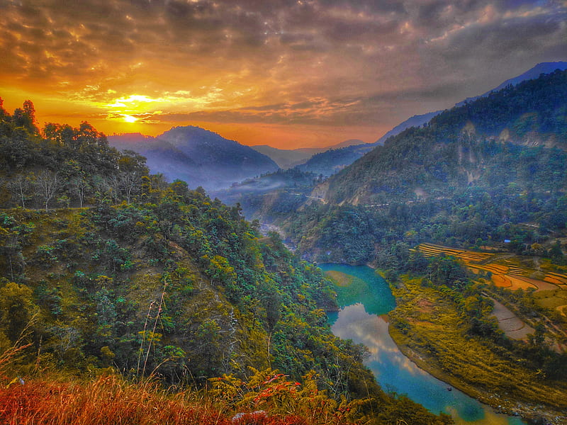 Sunset at Syangja, nature, nepal, river, mountain, sunrise, hills, tree, green, HD wallpaper