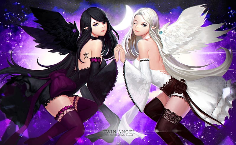 Twin Angel, pretty, art, wings, romance, angel, fantasy, twin, dark, love, girls, orginal, long hair, friends, HD wallpaper