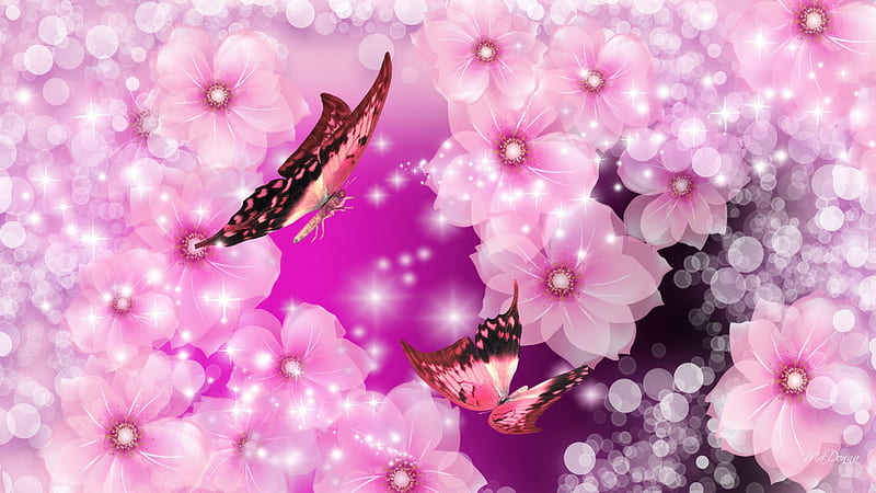 Pink Shine, stars, glow, transparent, glitter, shine, butterflies, spring, bokeh, summer, flowers, pink, HD wallpaper