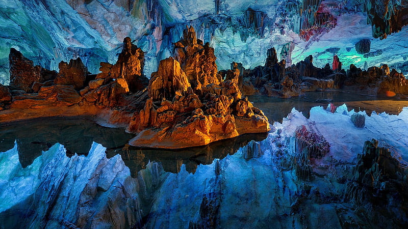 Reflections in a Cavern, BLUE, WALLS, CAVERN, REFLECTIONS, NATURE, HD wallpaper
