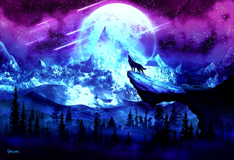 wolf, moon, night, mountains, art, HD wallpaper