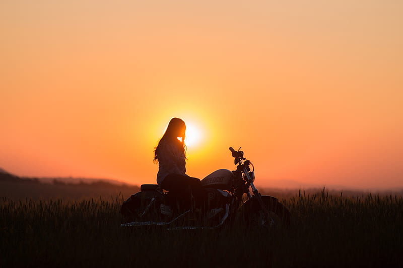 motorcycle, sunset, silhouette, solitude, loneliness, HD wallpaper