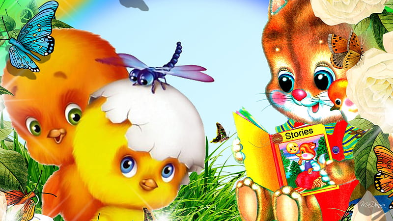 Reading to Bird, grass, books, story time, children, birds, easter, spring, cute, butterfly, fox, dragonfly, whimiscal, HD wallpaper
