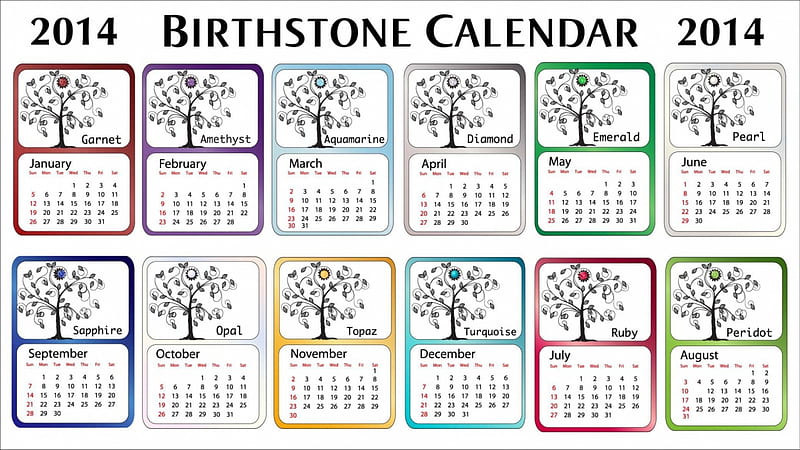 2014 birthstone calander, colors, birth, calander, 2014, HD wallpaper
