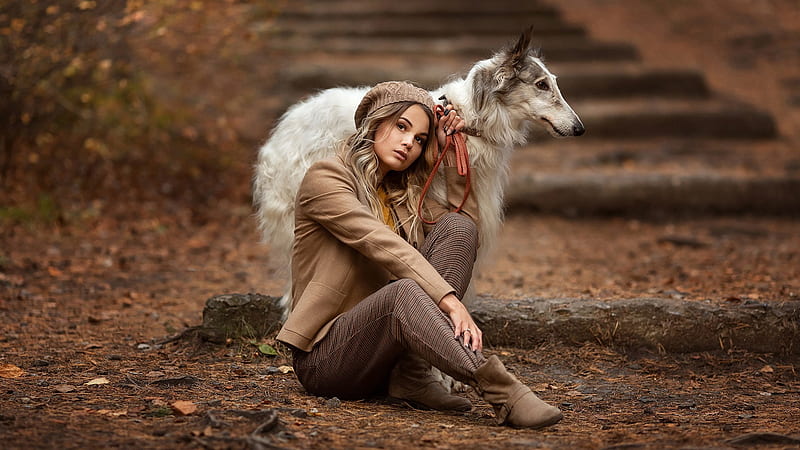 Girl Model Is Sitting Near Dog Wearing Brown Overcoat And Hat Girls, HD wallpaper