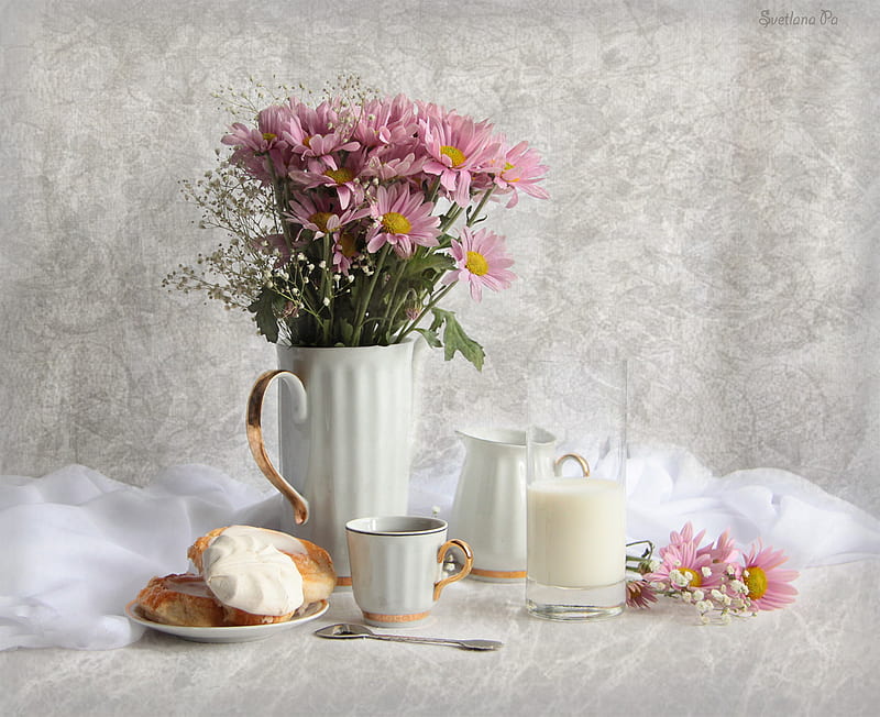 still life, cake, bonito, tea, graphy, nice, gentle, flowers, drink, harmony, cool, bouquet, coffee, cup, flower, milk, HD wallpaper