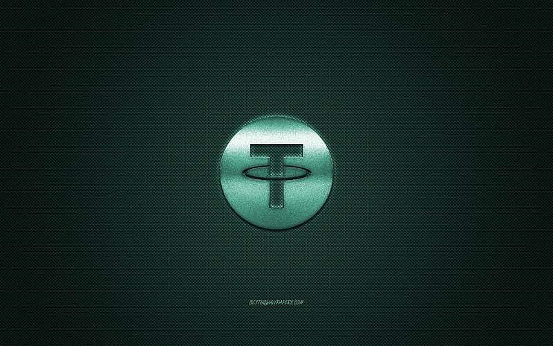 Tether logo, metal emblem, green carbon texture, cryptocurrency, Tether, finance concepts, HD wallpaper