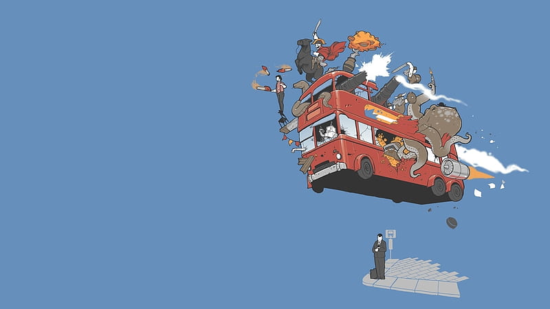 flying bus, octopus, horse, cannon, bus, HD wallpaper