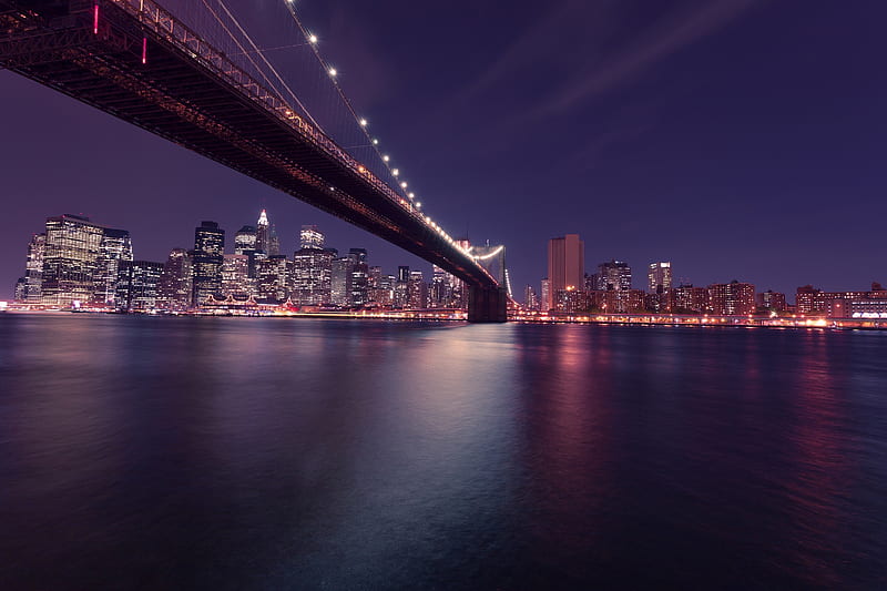 usa new york, brooklyn bridge, night, cityscape, skyscrapers, reflection, water, City, HD wallpaper