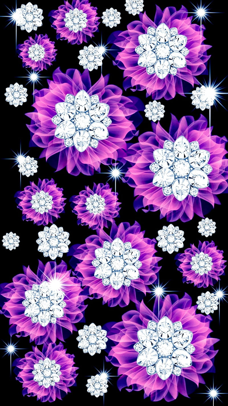 Diamond Bursts, black, colorful, diamonds, flowers, neon, purple, rhinestones, shiny, HD phone wallpaper