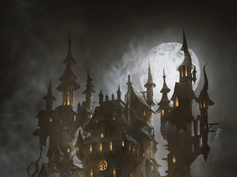 Moonlight castle, fantasy, moon, moon, black, silhouette, greg zdunek, castle, night, luminos, HD wallpaper