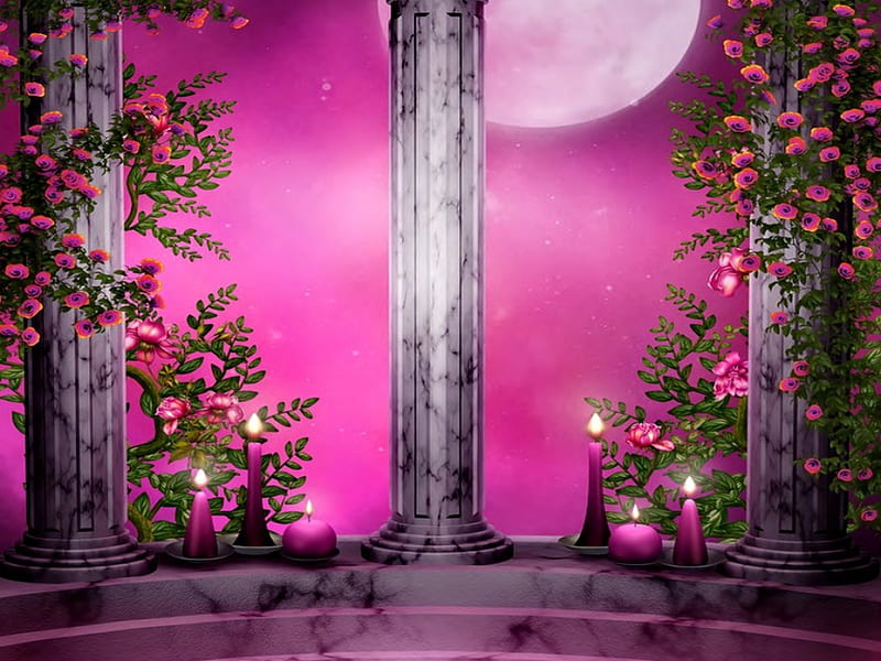 Fantasy background, pretty, sun, background, dreams, bonito, magic, fantasy, moon, flowers, pink, enchanted, lovely, window, view, terrace, candles, arch, porch, planet, hop, HD wallpaper