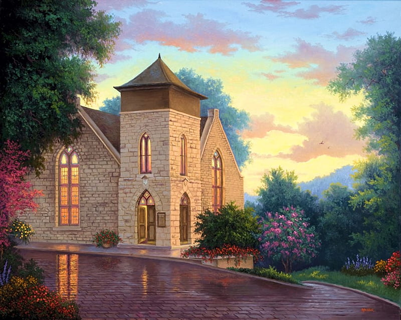 Joyous Morning, painting, sunrise, church, trees, artwork, light, HD wallpaper
