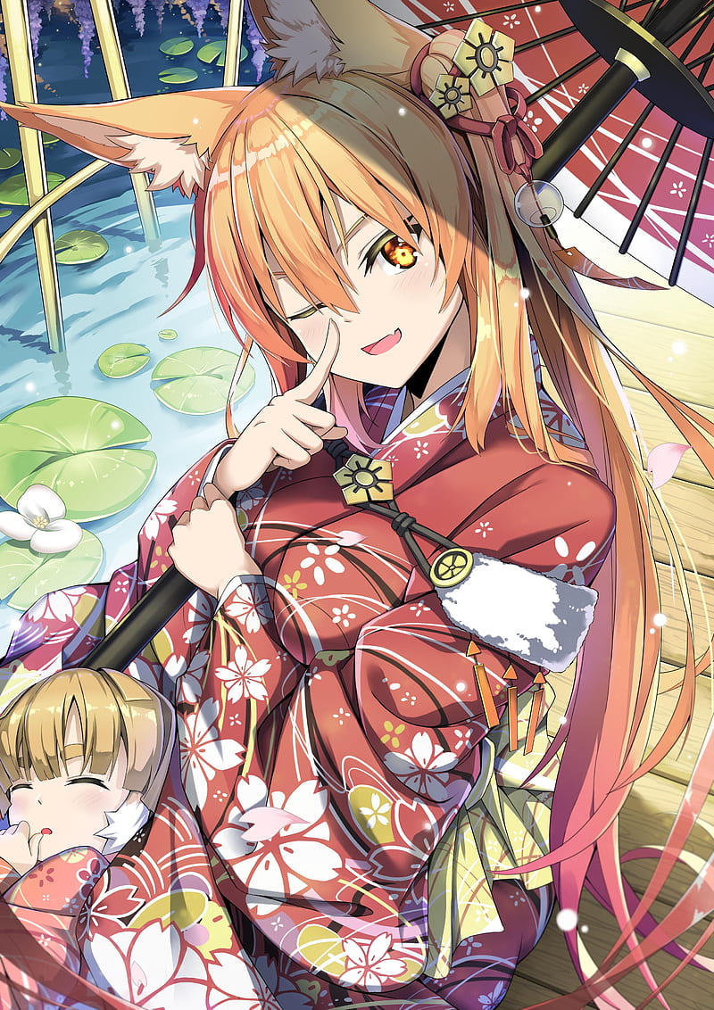 anime girl, wink, animal ears, kimono, cute, long hair, Anime, HD phone wallpaper