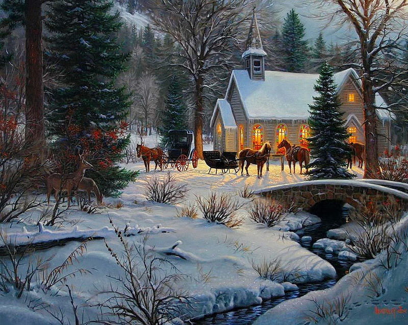 Forest guests, stream, pretty, house, shore, cottage, cart, cabin, bonito, cold, nice, bridge, painting, village, river, deers, evening, light, forest, lovely, holiday, christmas, guests, creek, trees, horses, winter, tree, snow, nature, roe, HD wallpaper