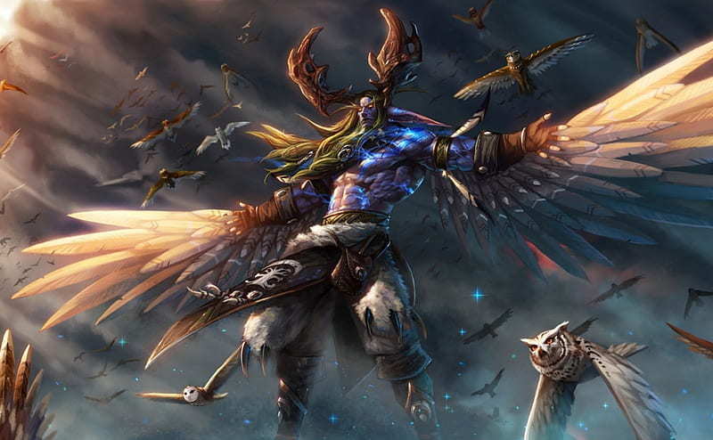 Stormrage, owl, wings, world of warcraft, game, man, fantasy, bird, wow, malfurion, blue, HD wallpaper