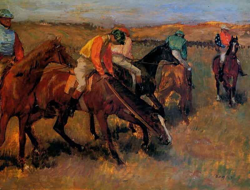 Before the Race, art, old master, Edgar Degas, thoroughbred, Degas, racing, equine, bonito, horse, artwork, animal, track, painting, wide screen, thorobred, oldmaster, HD wallpaper