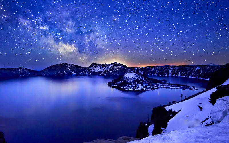 superb starry sky above crater lake, stars, sky, lake, night, winter, HD wallpaper