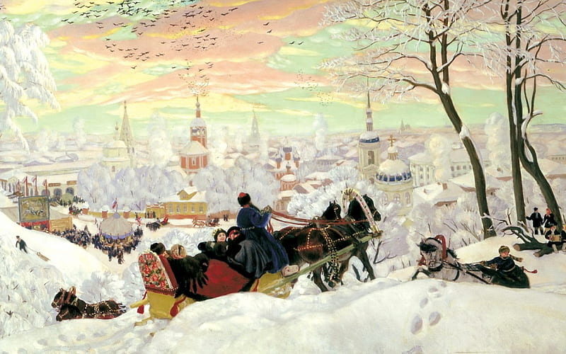 Winter walk, sleigh, moscow, art, horse, winter, painting, russian, white, kustodiev, HD wallpaper