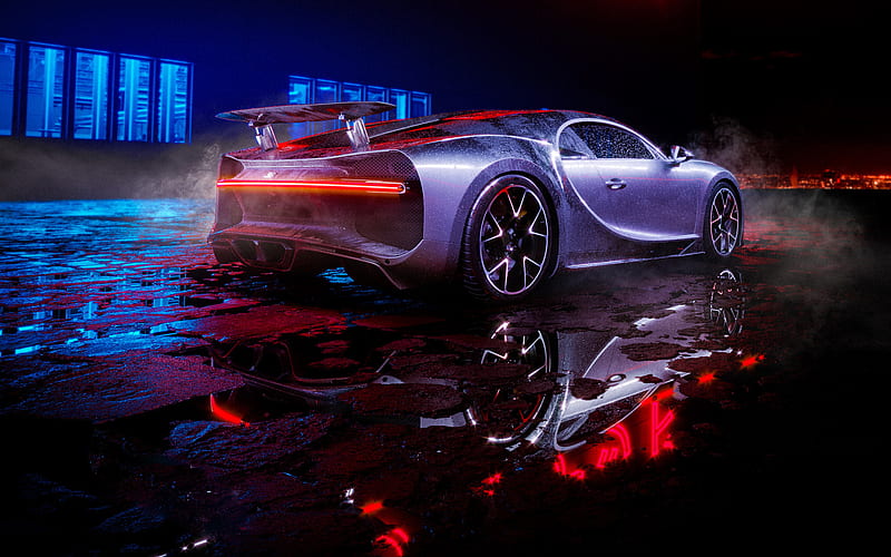 Bugatti Chiron, night, 2018 cars, rain, back view, hypercars, gray Chiron, supercars, Bugatti, HD wallpaper